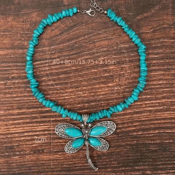 Turquoise Antique Silver-Plated Dragonfly Pendant Necklace - Picture 4 of 5